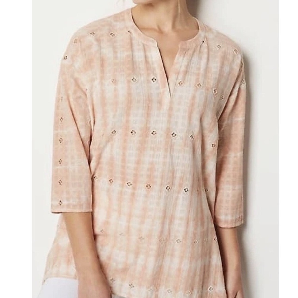 Pure Jill J. Jill Peach Tie Dye Cotton Eyelet Tunic Top‎ Boho V-Neck Large ee
